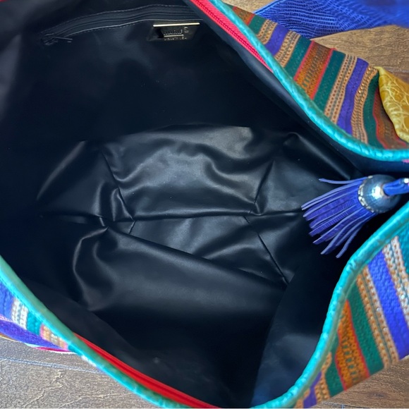 SHARIF Made in USA Multicolor Leather & Fabric Oversized BOHO Shoulder Bag Tote - Picture 9 of 9